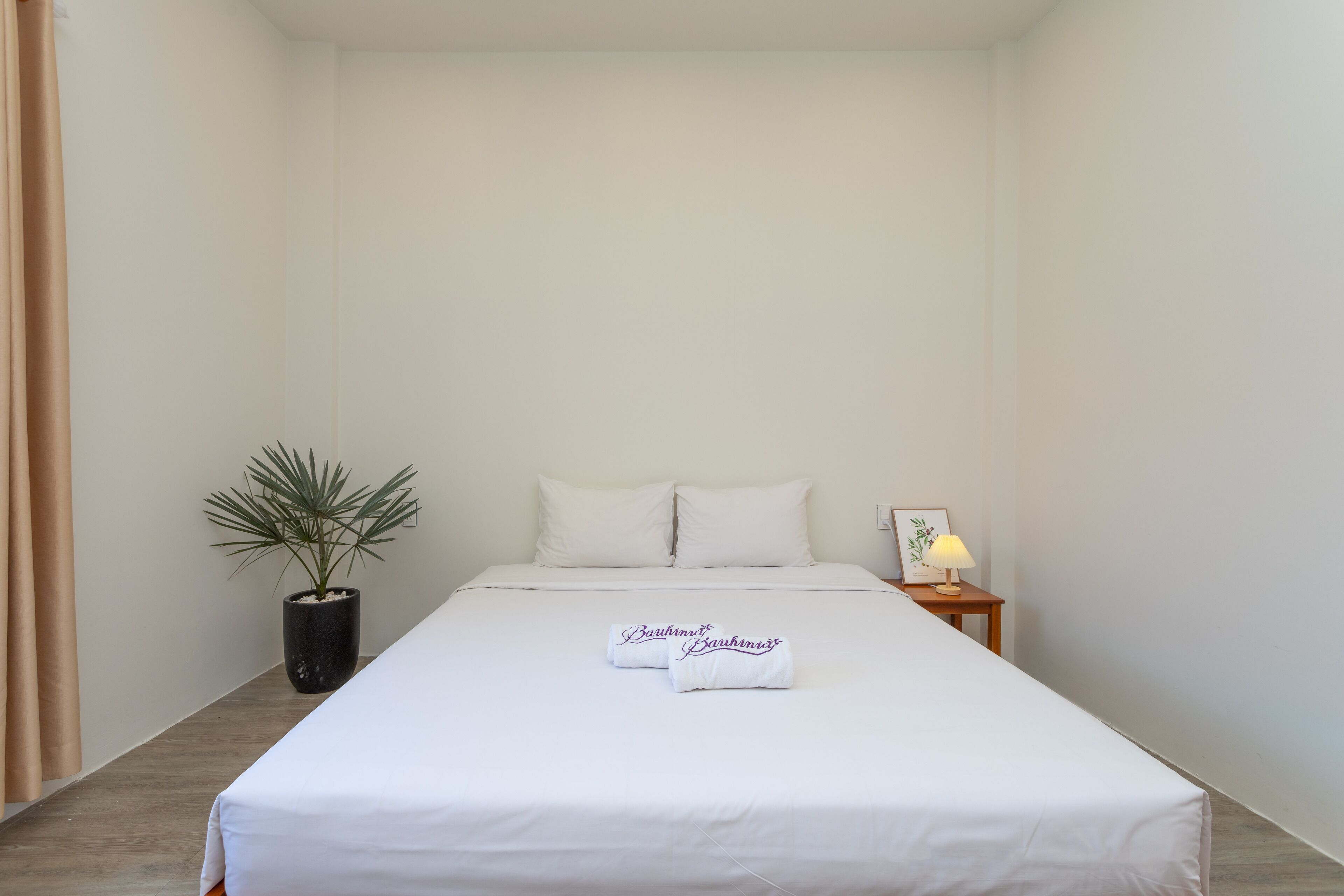 Una cama bien hecha con sábanas blancas, una mesita de noche con una lámpara y una planta en maceta.