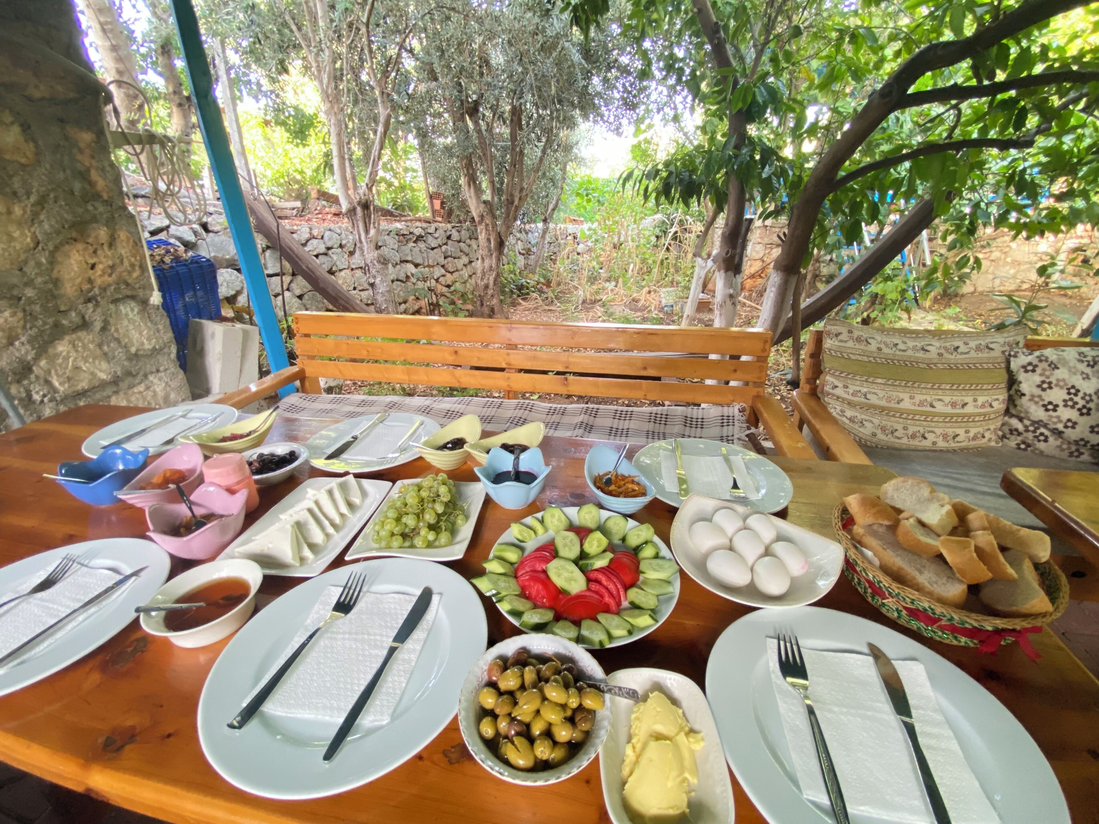 A wooden table set for a meal with various dishes, including olives, grapes, and bread, in an outdoor setting with trees and a stone wall in the background.