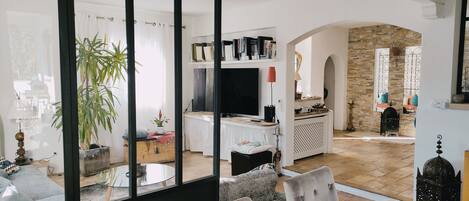 تلفزيون، مدفأة، كُتُب، ستيريو