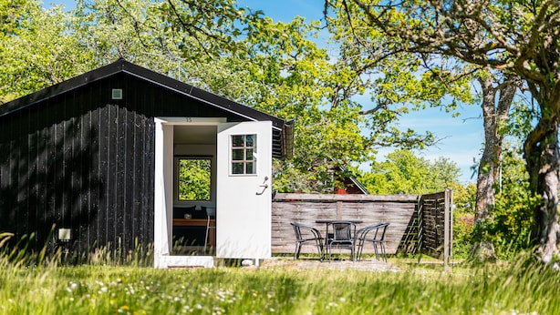 A small, black wooden shed with a white door and windows, surrounded by lush greenery and trees. - Fårösunds Semesterby (Fårösund)