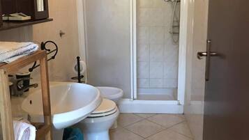 Shower, free toiletries, bidet, towels