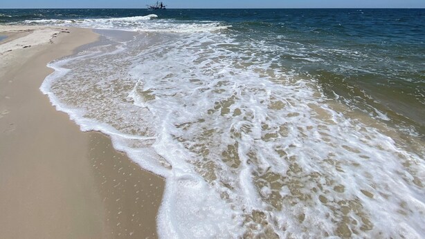 A beach with waves gently lapping at the shore, a clear blue sky, and a distant boat. - Luxurious King bed Condo across from Beach, Boardwalk, Shops and Restaurants.  (Biloxi)