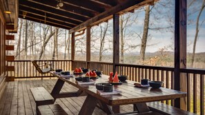 Outdoor dining - SPACIOUS-SECLUDED CABIN-STUNNING VIEWS-MASTER ON MAIN-POOL TABLE-ARCADE-FIRE PIT (Morganton)