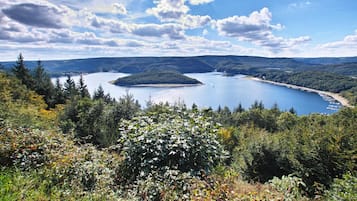 Un lago rodeado de colinas boscosas.