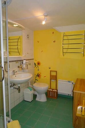 Appartement, balcon | Salle de bain | Douche, sèche-cheveux, serviettes fournies