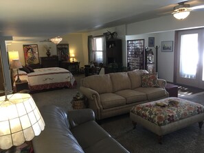 TV, fireplace, books, stereo