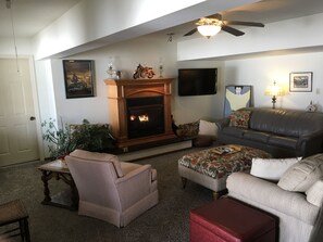 Fernseher, Kamin, Bücher, Stereoanlage