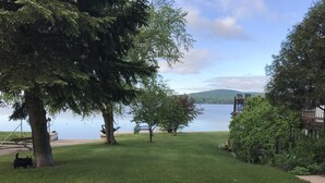 Un prato erboso con alberi, un pontile e un lago.
