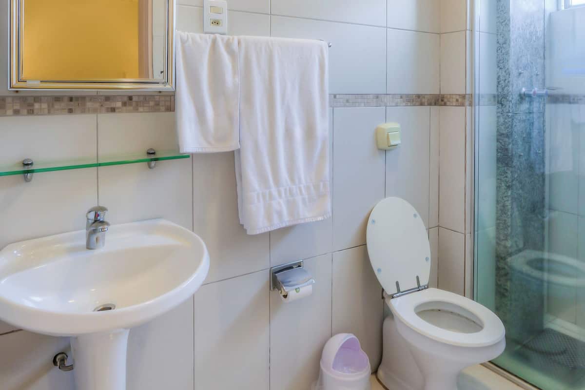 deluxe double room | bathroom | shower, free toiletries, towels