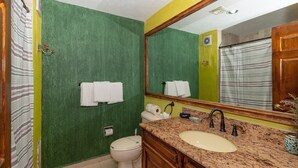 A bathroom with a green wall, a white toilet, a sink with a marble countertop, and a large mirror.