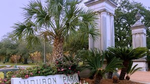 A sign for Audubon Park surrounded by lush greenery and palm trees. - Classic Uptown Shotgun, Just Steps to the Streetcar ! (New Orleans)