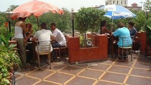 Un café al aire libre con mesas y sillas, rodeado de macetas con plantas y sombrillas.