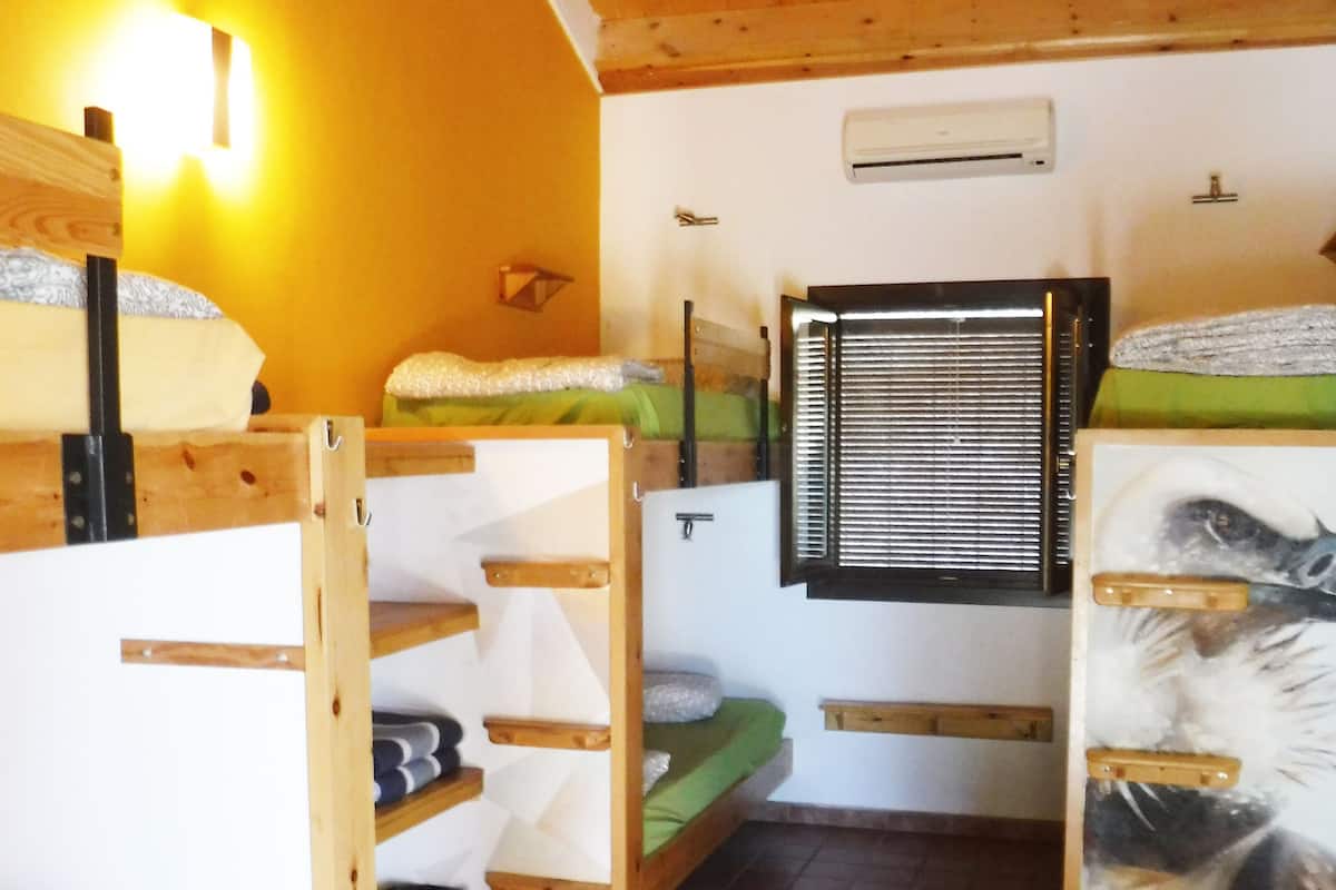 Ein Schlafsaalzimmer mit Etagenbetten, einem Fenster mit Jalousien und einer Heizung.