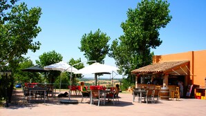 Een terras met tafels, stoelen, parasols en een bar.