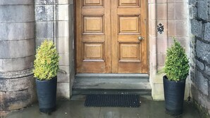 A wooden double door with a stone archway, flanked by two potted plants. - Kilchurn Suites (Dalmally)