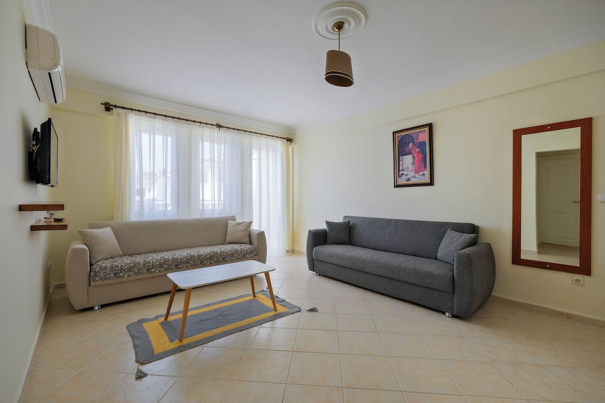 A living room with two sofas, a coffee table, a rug, a ceiling light, a wall-mounted TV, and a framed picture.