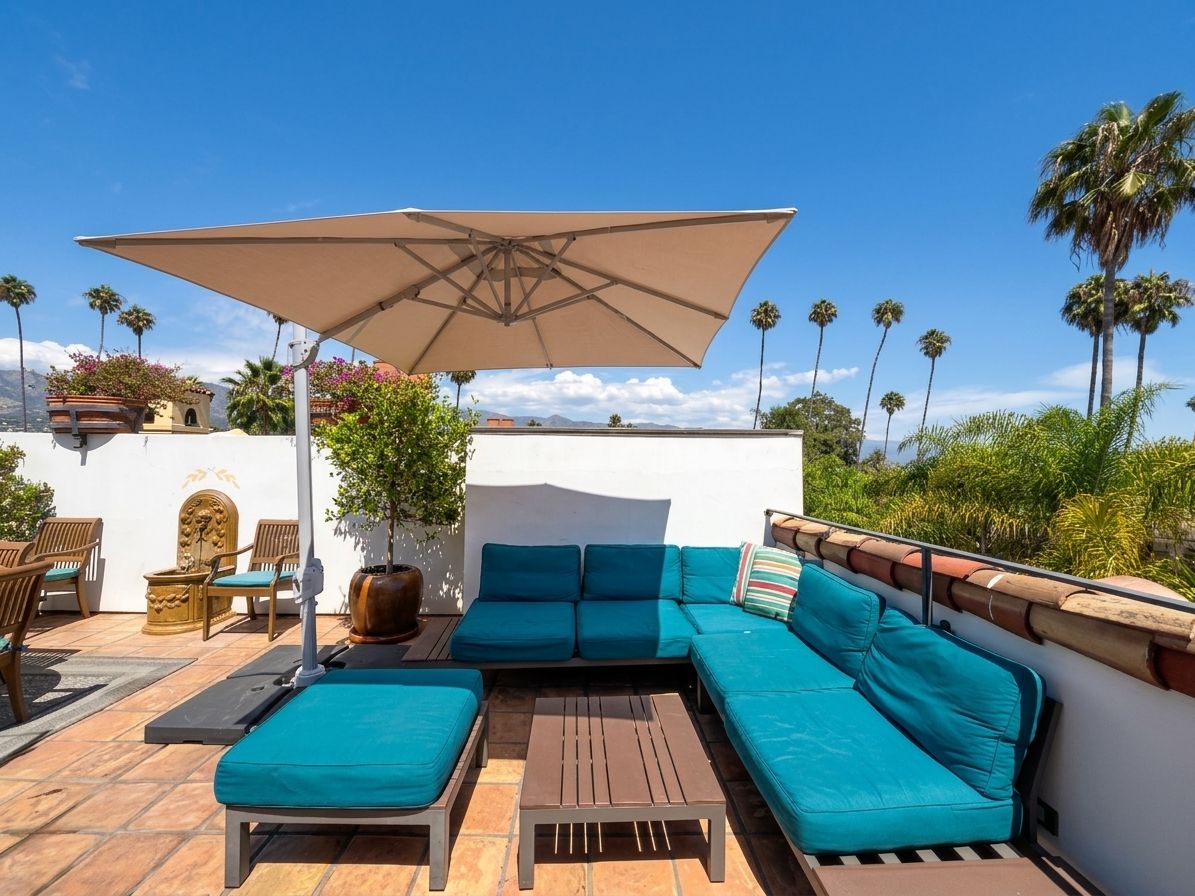 An outdoor seating area with a sofa, chairs, and a table, surrounded by palm trees and a clear sky.