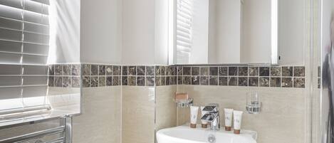Baño con lavamanos blanco, espejo y toallero. Cuenta con zona de ducha con puerta de vidrio y un pequeño cubo de basura.
