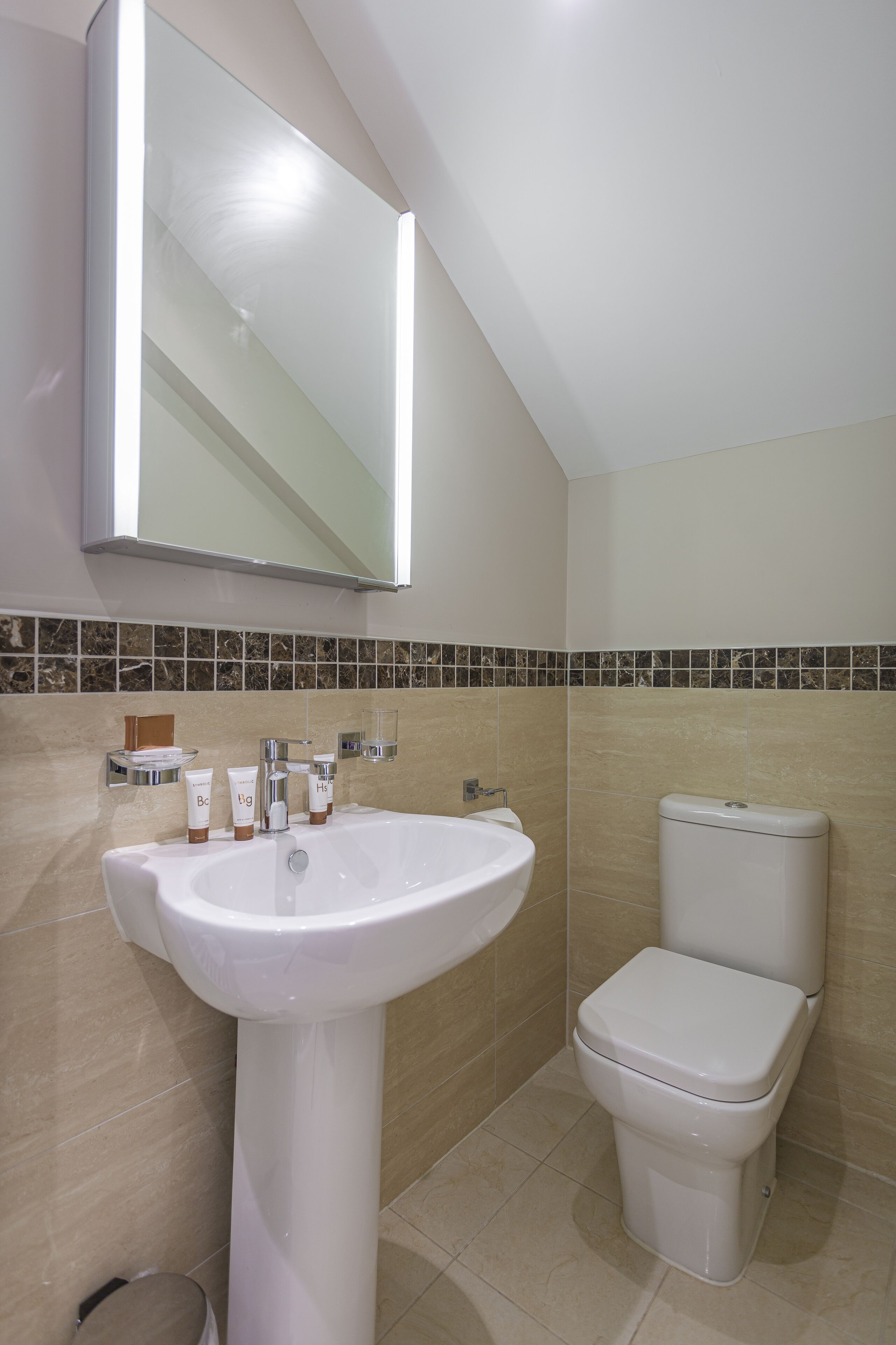 Ein Badezimmer mit einem Standwaschbecken, einer Toilette und einem Spiegel.