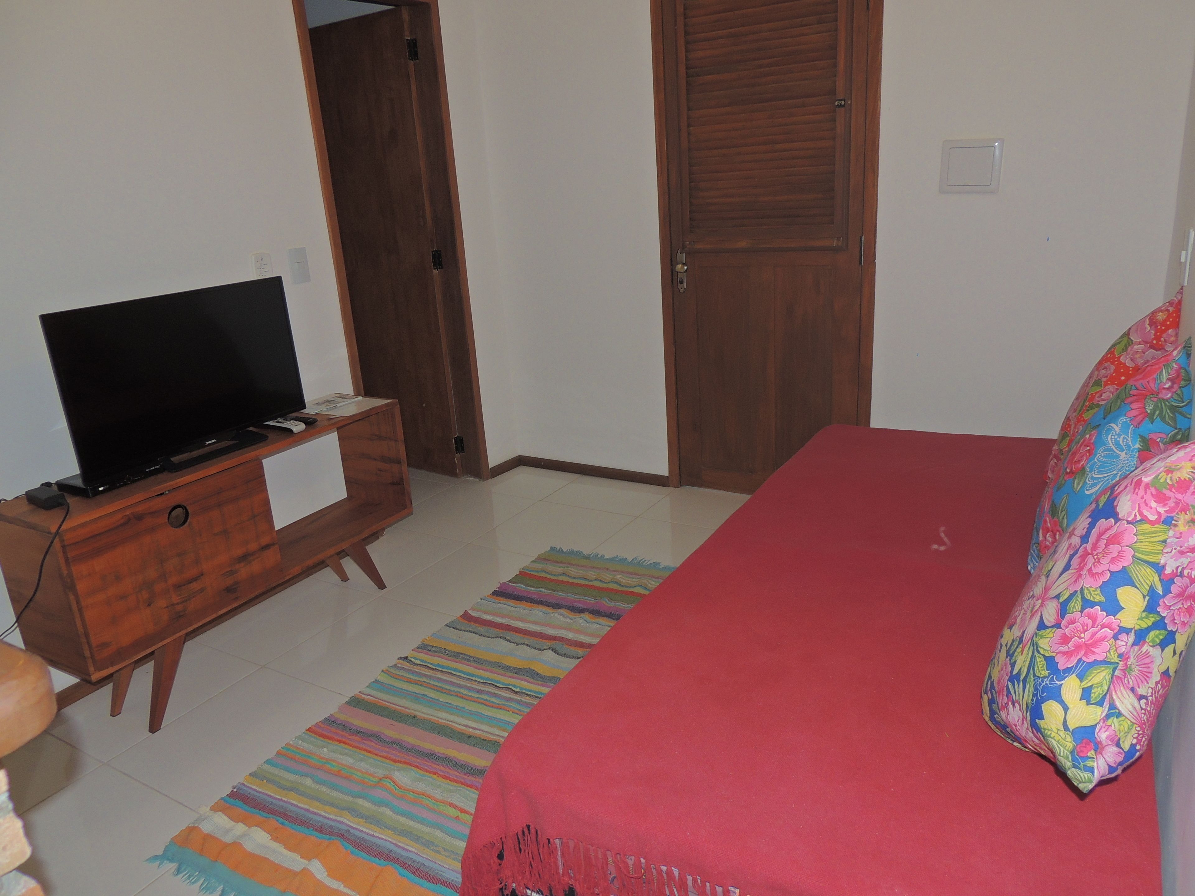 Une chambre à coucher avec un lit, un téléviseur posé sur une commode en bois, un tapis coloré et une porte.