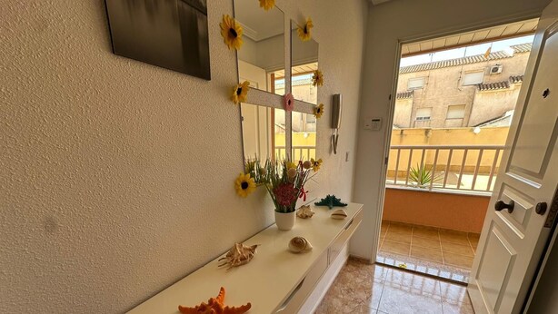 Un bagno con uno specchio, un lavabo, una decorazione a stella marina e un vaso con fiori.