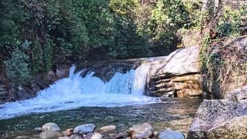 A natural landscape with a waterfall, clear water, and surrounding greenery.