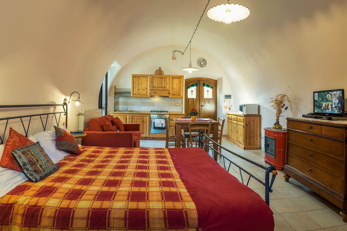 Un dormitorio acogedor con cama, sofá rojo, mesa de comedor y área de cocina con armarios de madera y estufa.