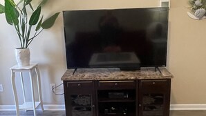 Ein Wohnzimmer mit Flachbildfernseher auf einem Holzboden, einer Topfpflanze und einer gerahmten Blumenkomposition auf einem Couchtisch.