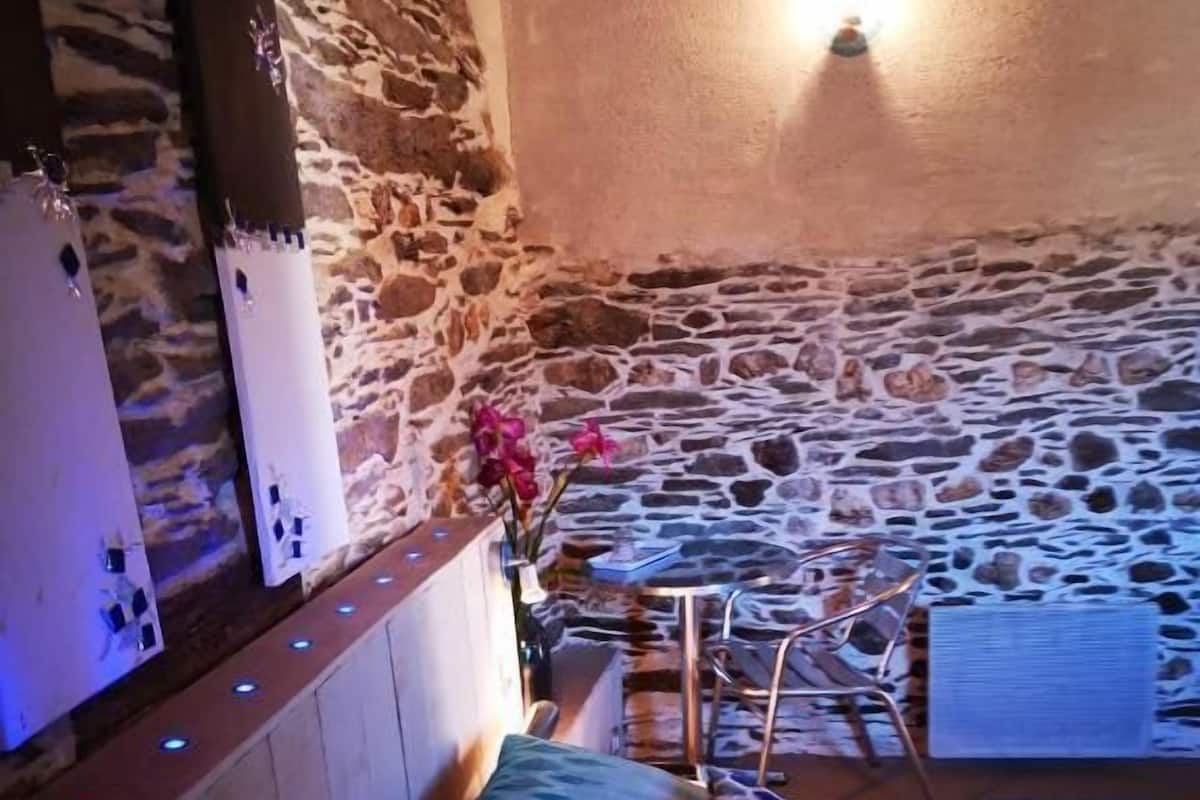 Une pièce chaleureuse avec un mur en pierre, un lit agrémenté d’oreillers à motifs, une petite table sur laquelle est posé un vase de fleurs et un fauteuil.