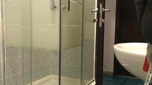 A glass-enclosed shower area with a tiled floor and a toilet visible to the right. - Locazione Turistica Cittadella (Verona)