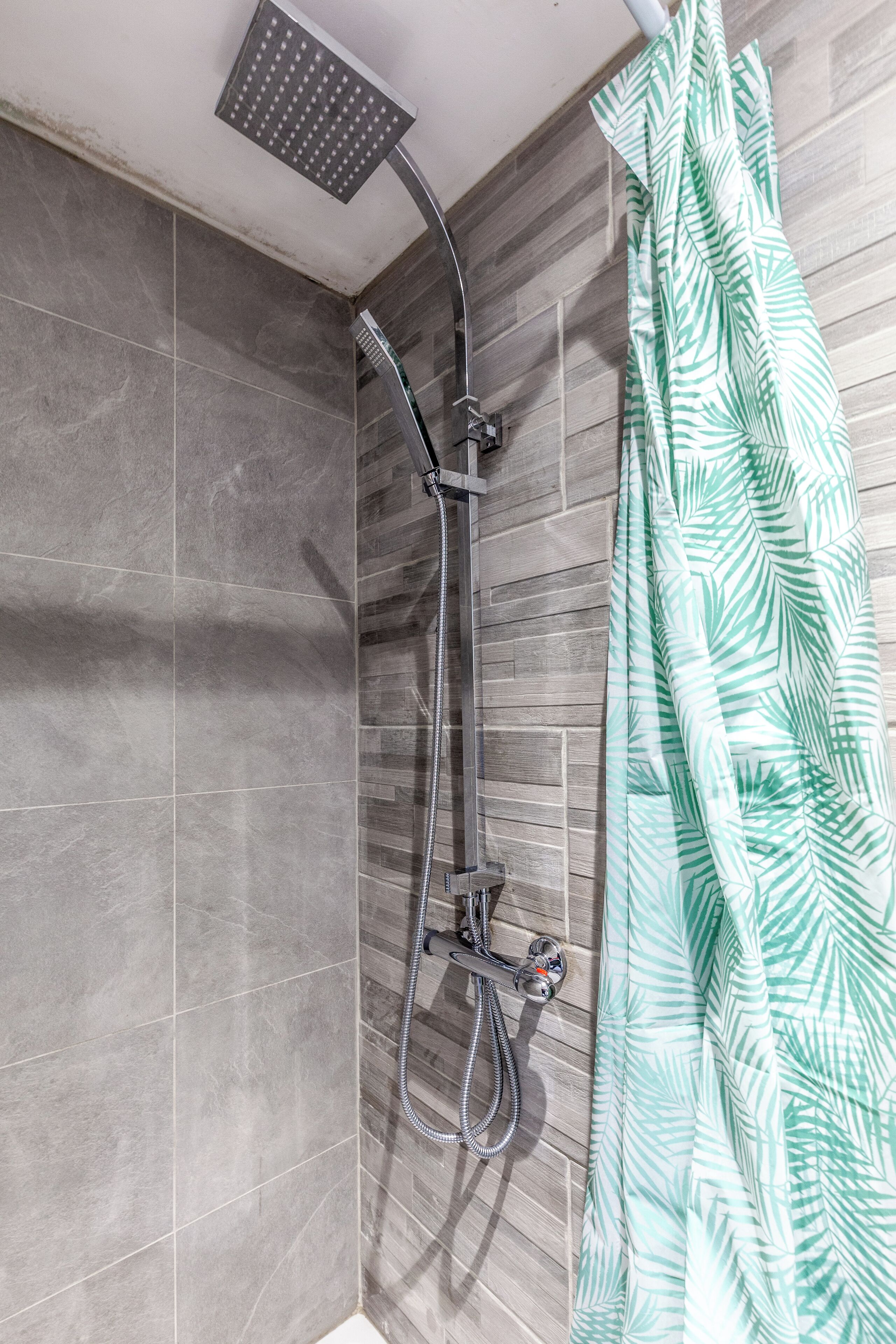 Ducha con cabezal de ducha de lluvia y cabezal de ducha manual, un perchero y cortina de ducha con estampado de hojas.