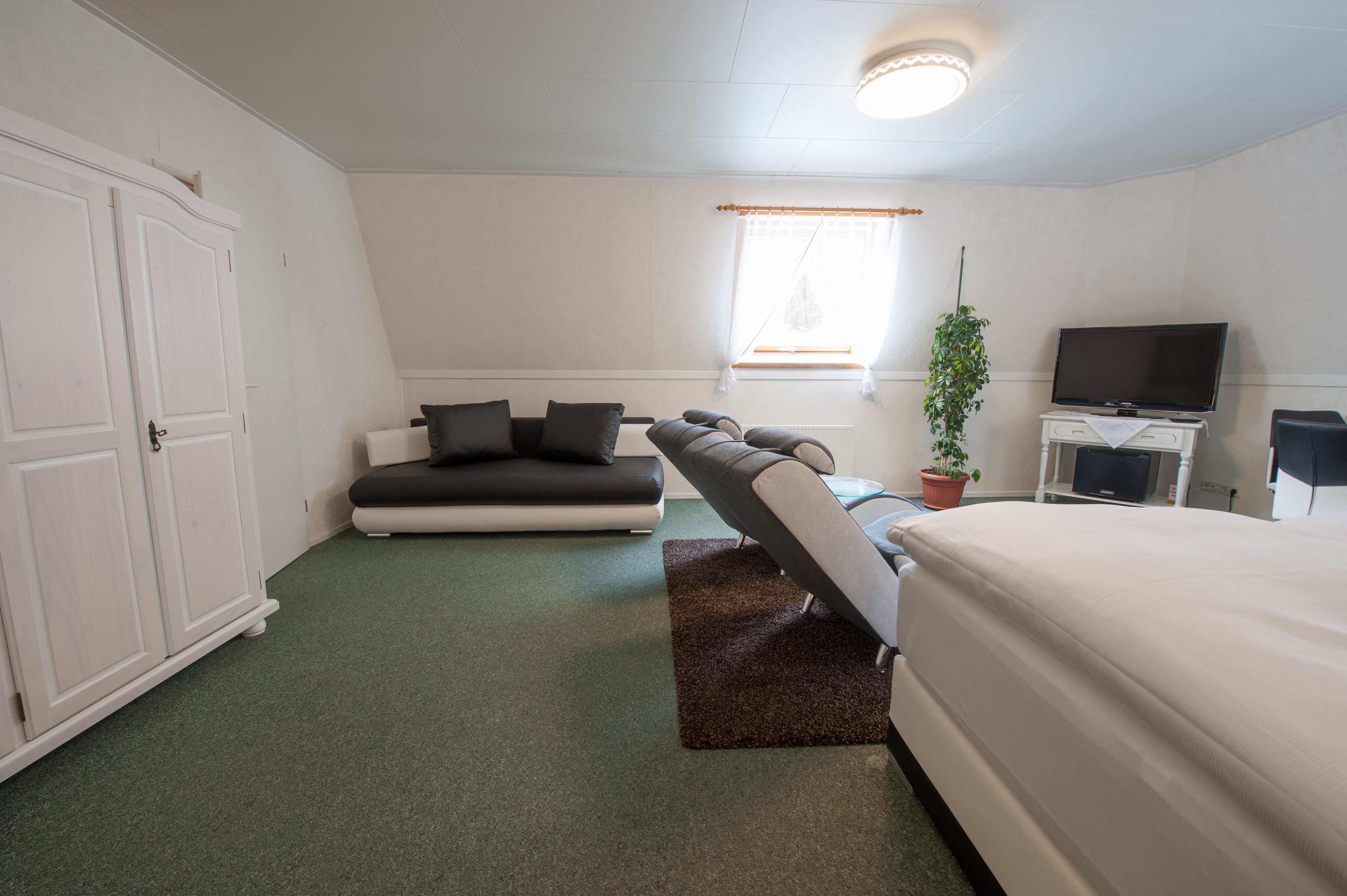A room with a bed, a sofa, a television, and a window.