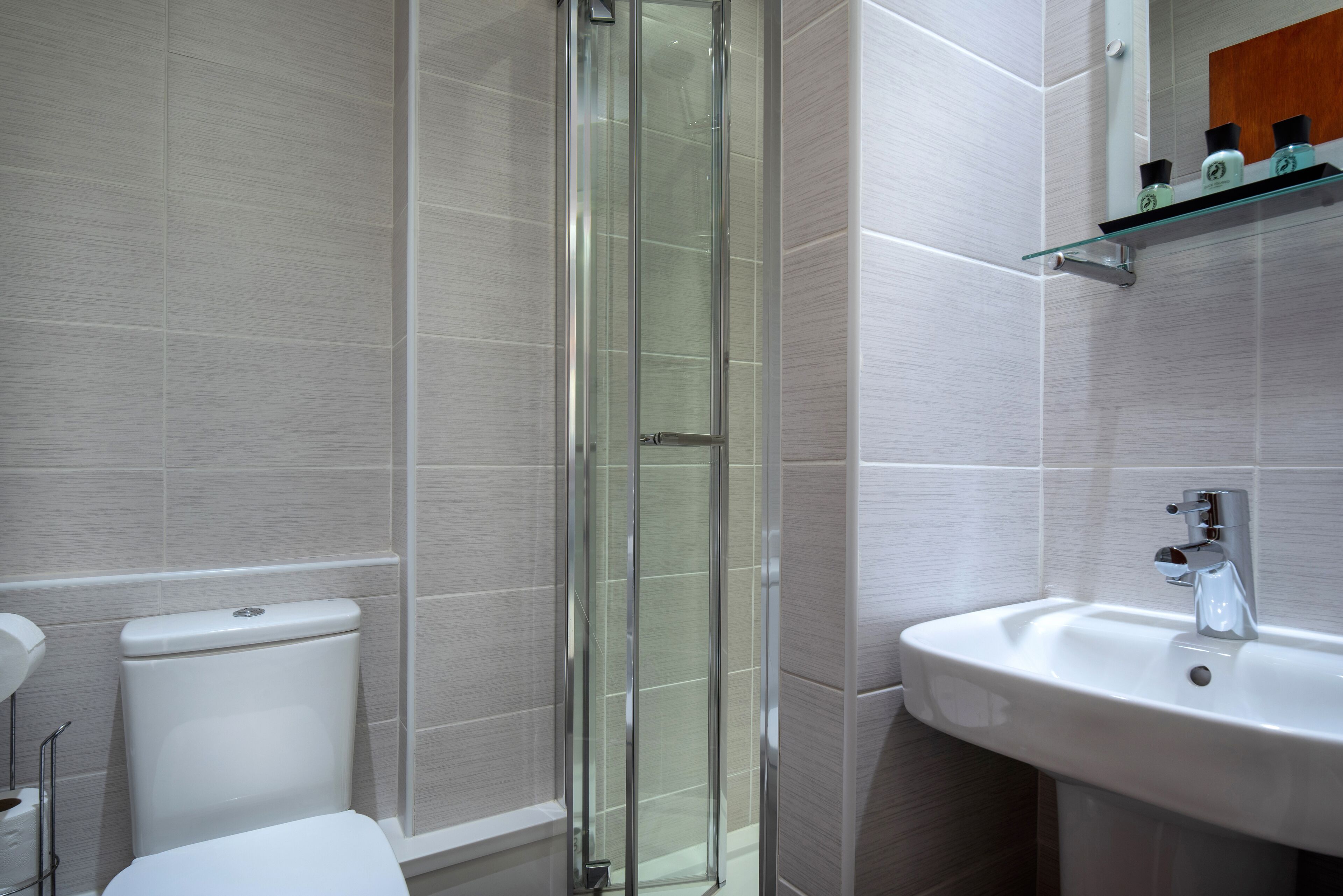 A modern bathroom with a glass shower enclosure, a white sink, and a toilet.
