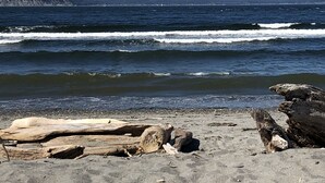 Una playa con olas rompiendo en la orilla, un promontorio rocoso y una masa de tierra a lo lejos.