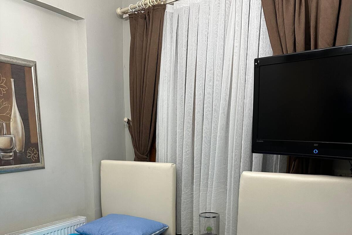 A bedroom with two beds, a nightstand, a TV, and a radiator.