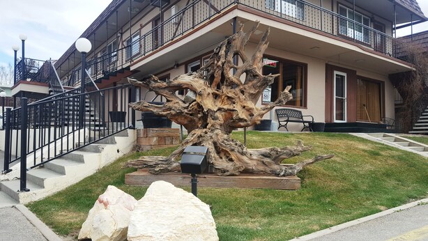 Un bâtiment devant lequel se trouve une grande sculpture en forme d’arbre, un escalier et un banc.