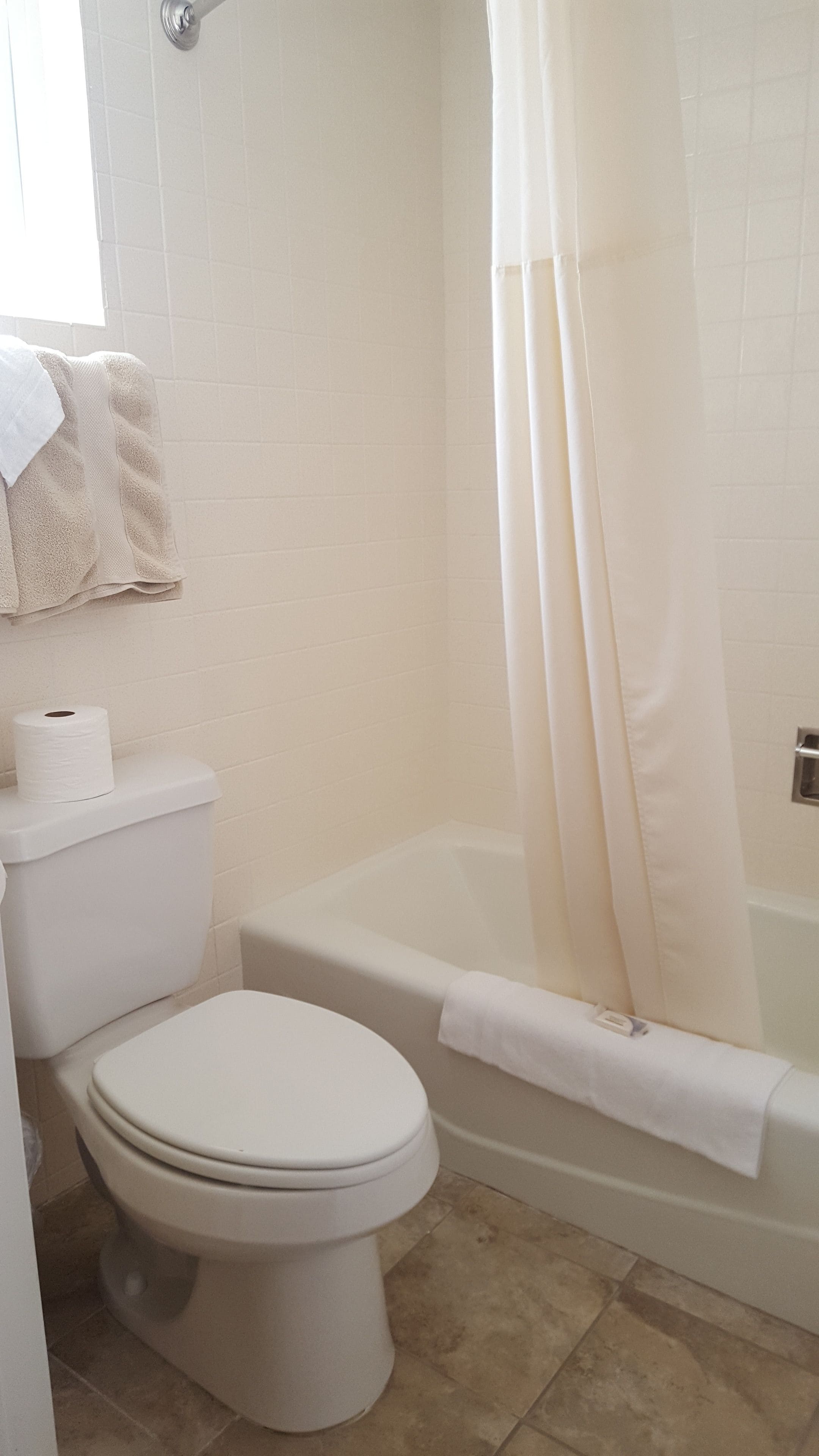 Ein Badezimmer mit Toilette, Badewanne und Duschvorhang.