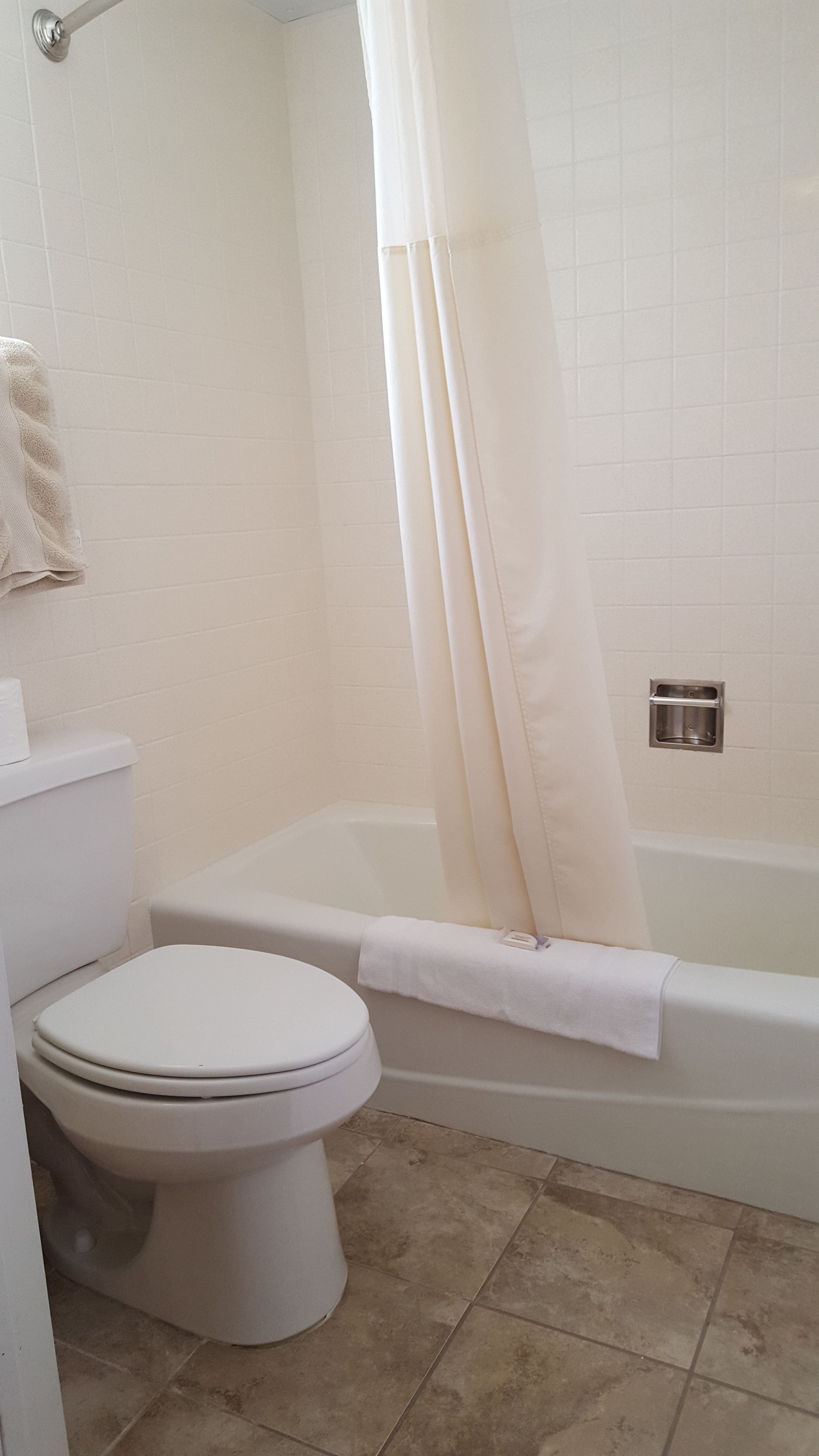 A bathroom with a toilet, bathtub, and shower curtain.