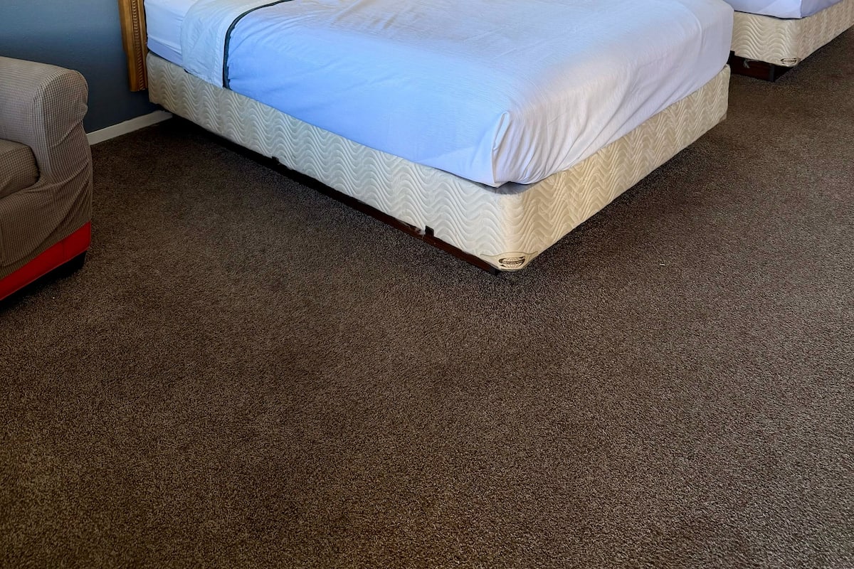 Habitación de hotel con dos camas, cada una con cabecero de madera, ropa de cama blanca y un cuadro en la pared. Hay dos lámparas fijadas a la pared y una mesita entre las camas.