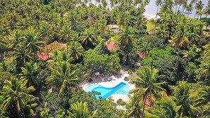 An aerial view of a tropical resort with a swimming pool surrounded by palm trees and a beach. - Pousada Sitio da Prainha (Tamandaré)