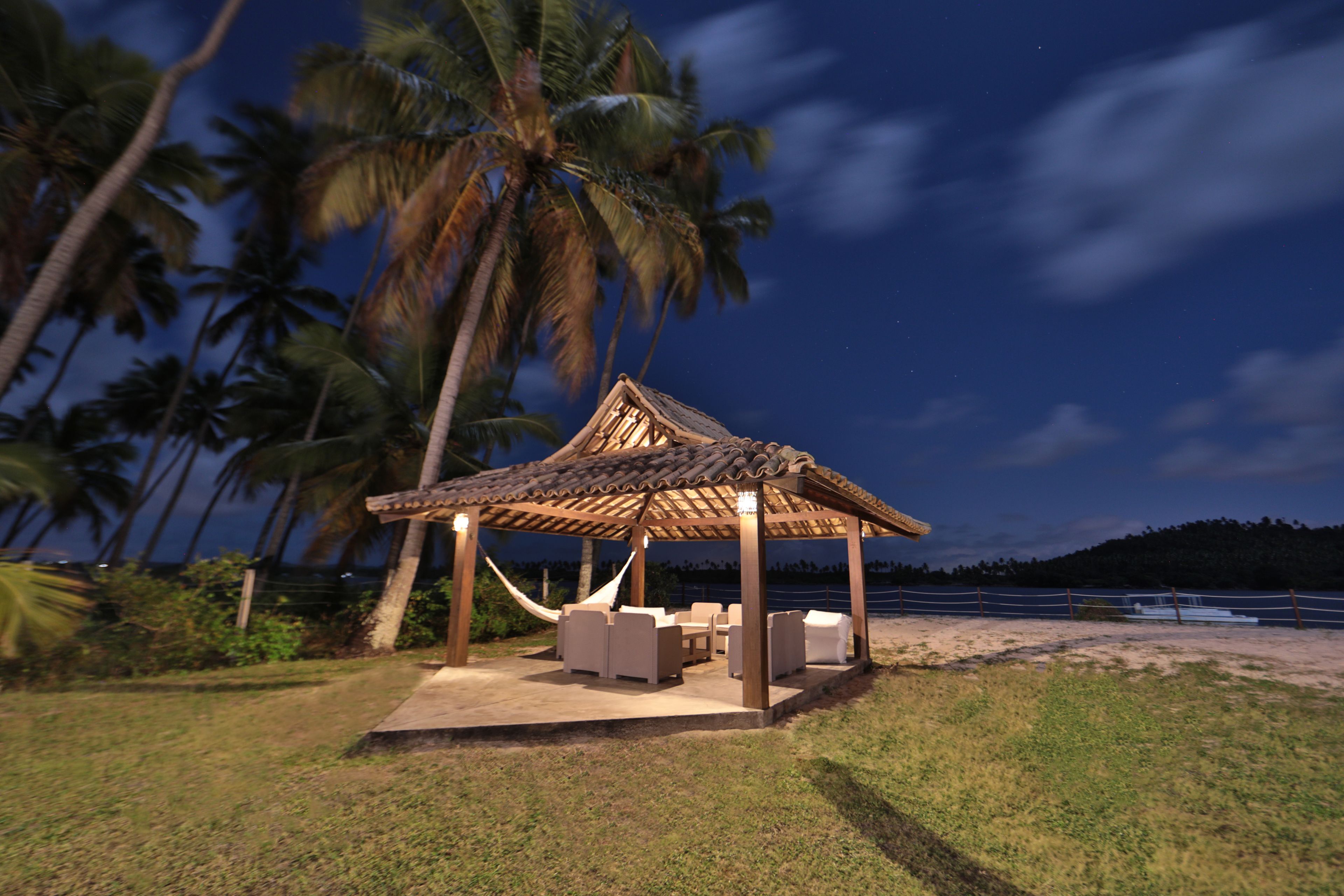 A wooden gazebo with a thatched roof, surrounded by palm trees, and overlooking a beach.