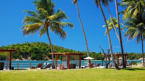 A beachside resort with palm trees, lounge chairs, and a clear view of the ocean. - Pousada Sitio da Prainha (Tamandaré)