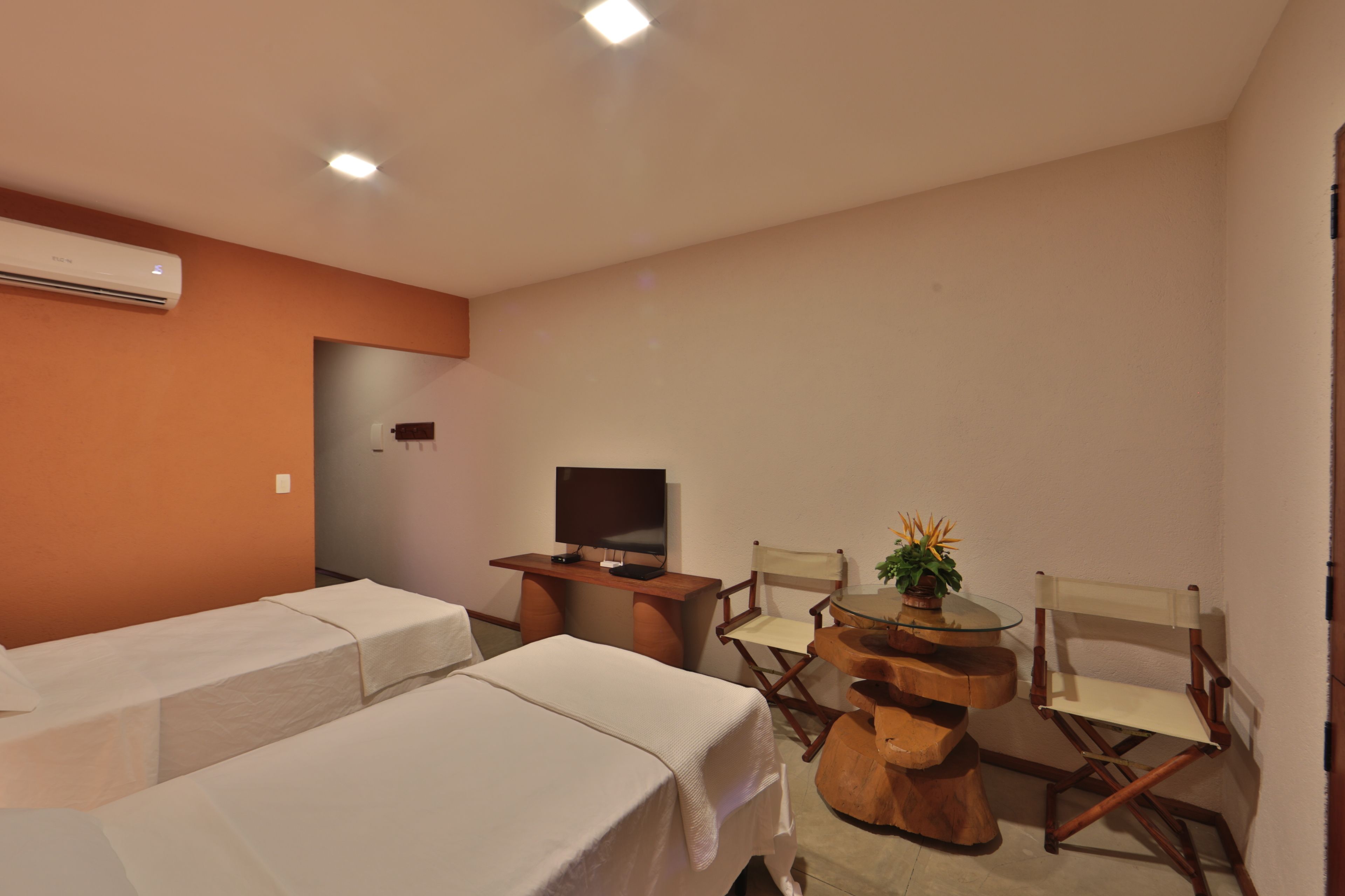 Habitación de hotel con dos camas, televisión, una mesa de madera con sillas y una planta en maceta.