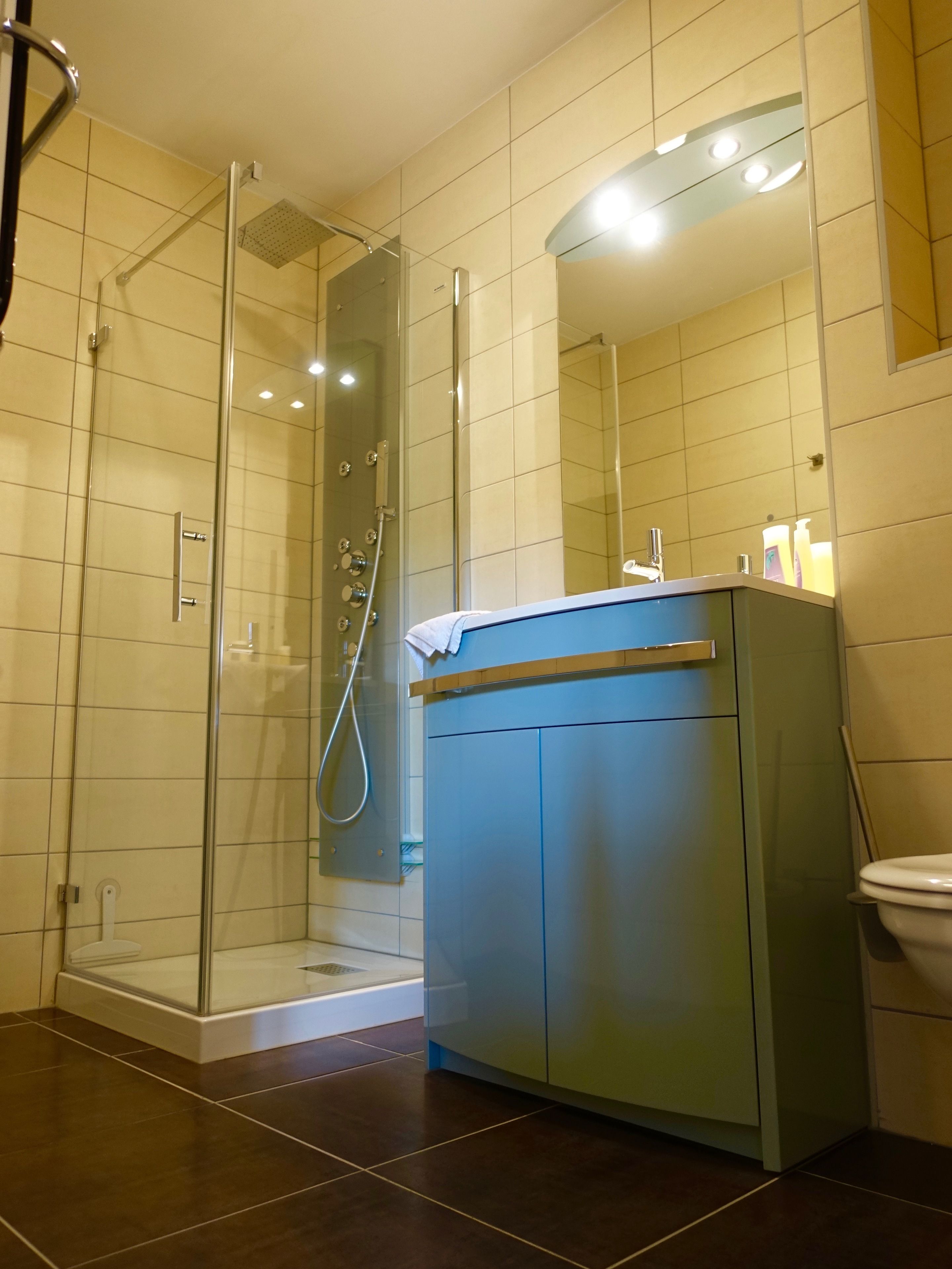 Ein modernes Badezimmer mit einer gläsernen Duschkabine, einem Waschtisch mit Spiegel und einer Toilette.