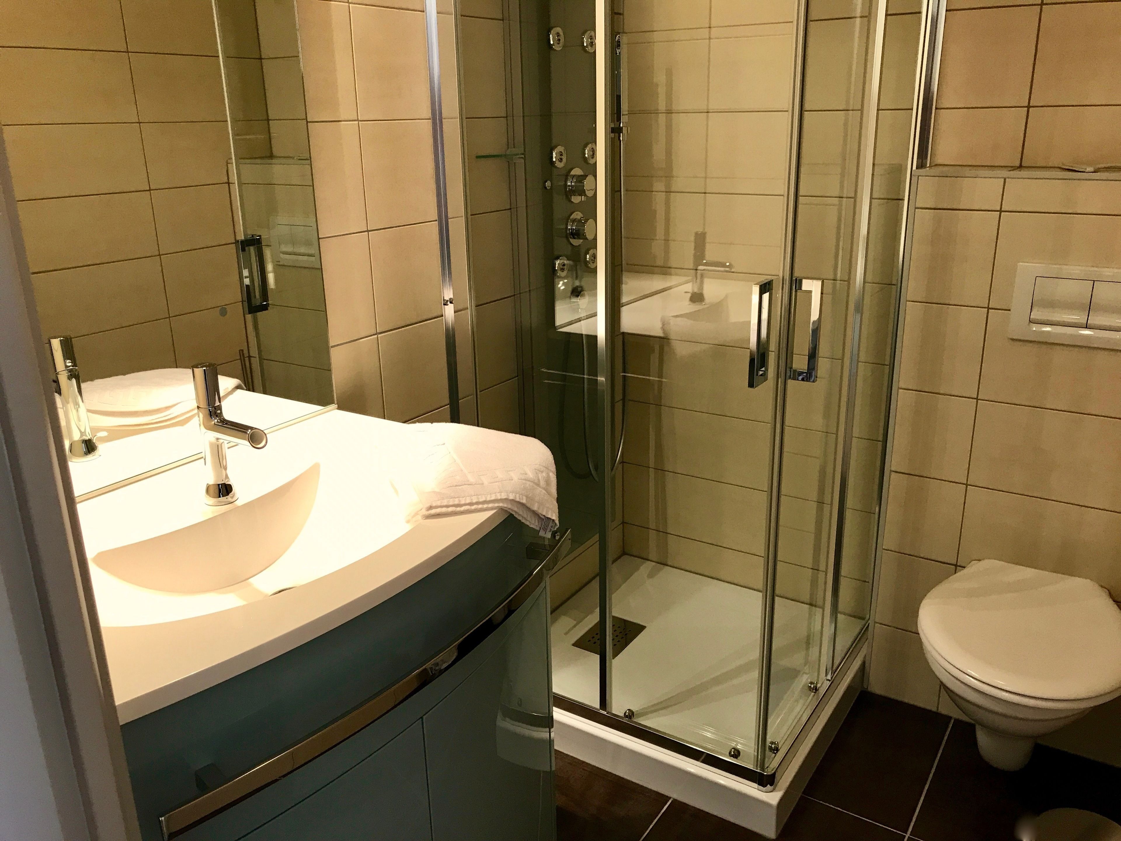 Ett modernt badrum med en dusch som är avskärmad med glasväggar, en vit tvättställ och en toalett.