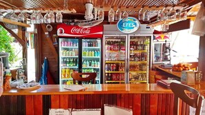 A bar with a Coca-Cola sign, a refrigerator stocked with beverages, and a sign for Efes. - Olympos Tatilya Pansiyon (Kumluca)