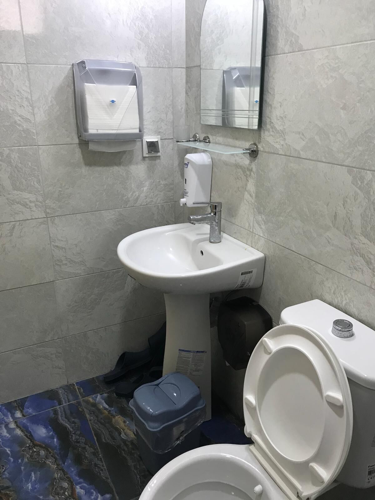 A bathroom with a white sink, a toilet, and a trash bin.