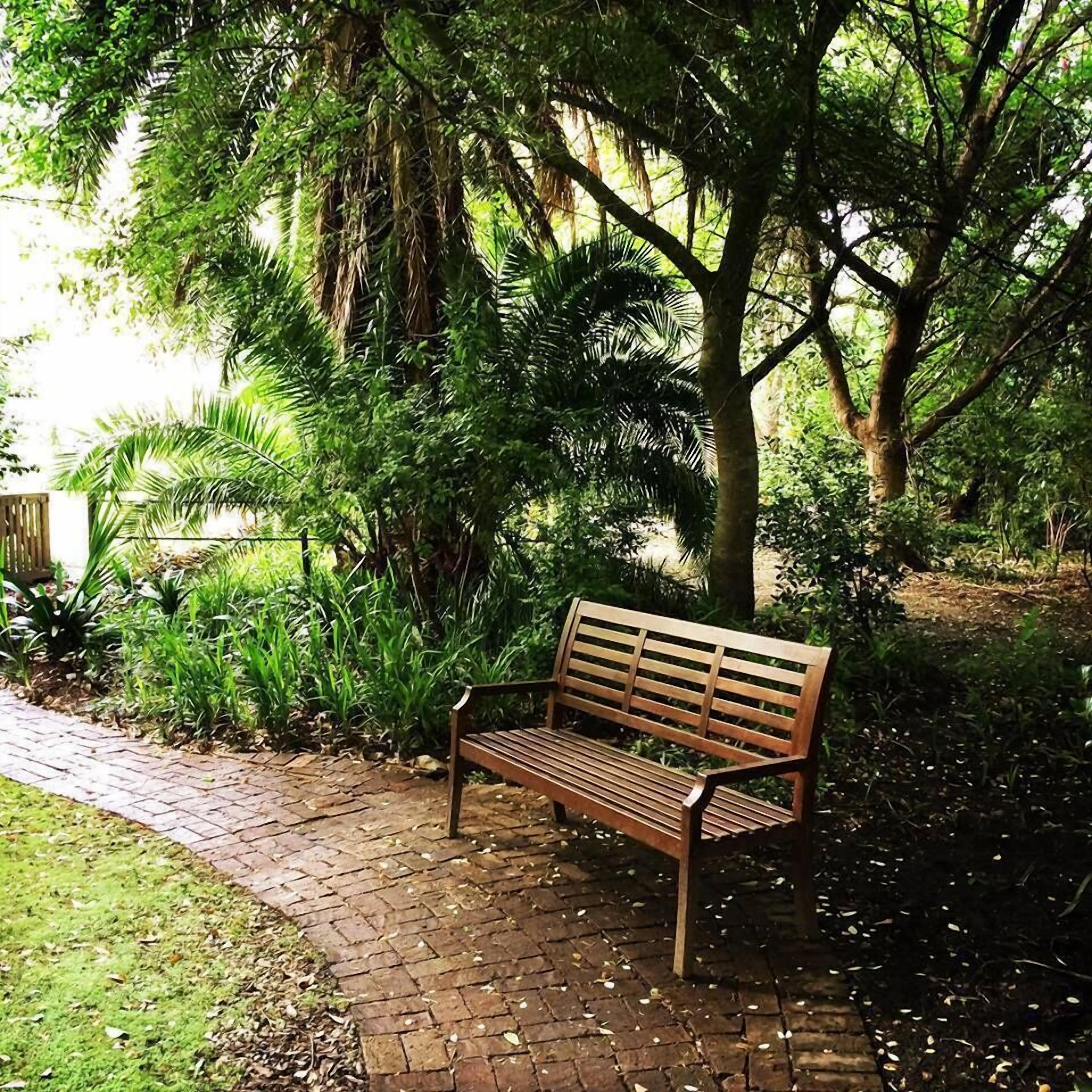 A wooden bench in a garden with a brick pathway.