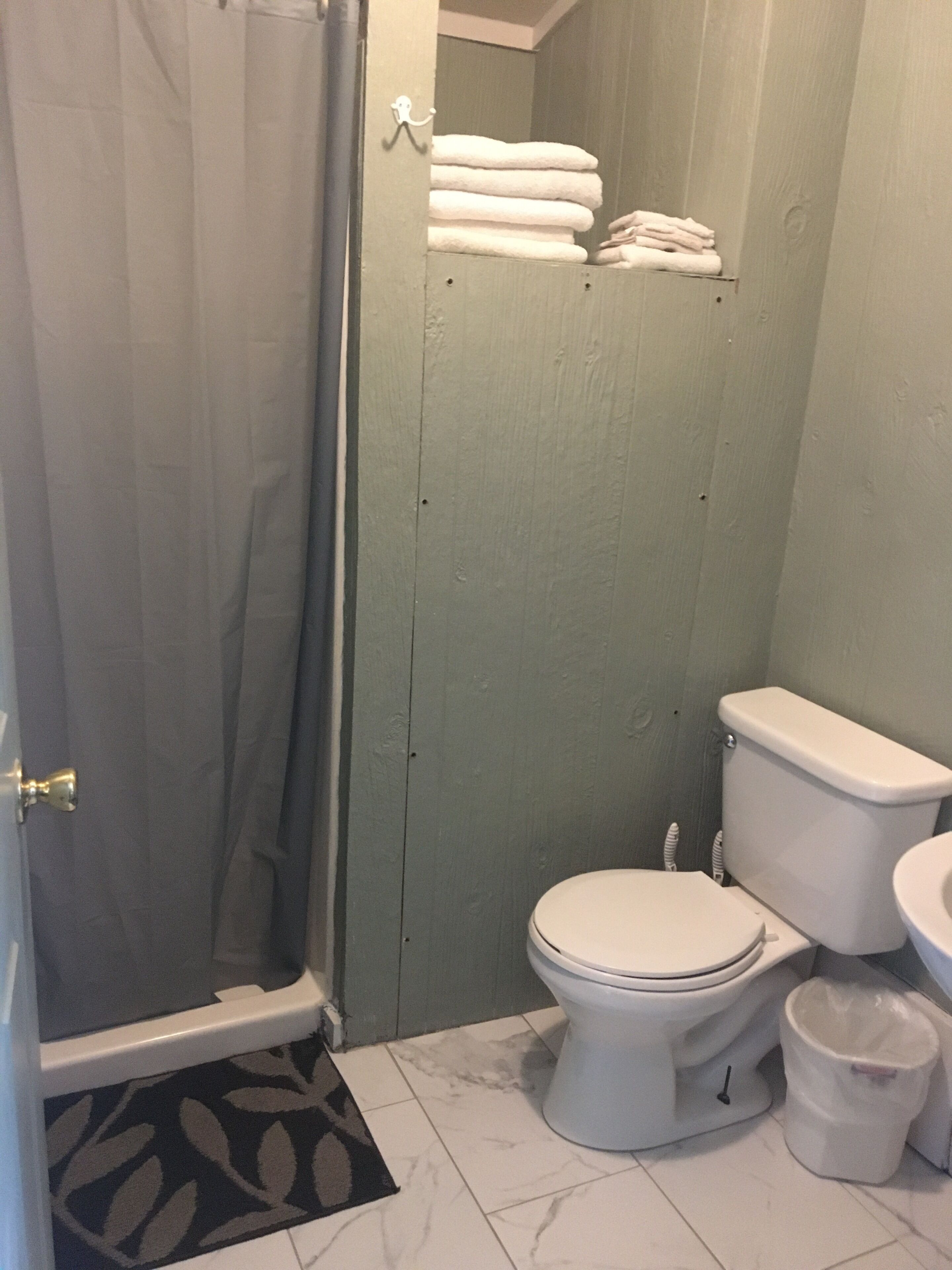 A bathroom with a toilet, a shower, and a sink.