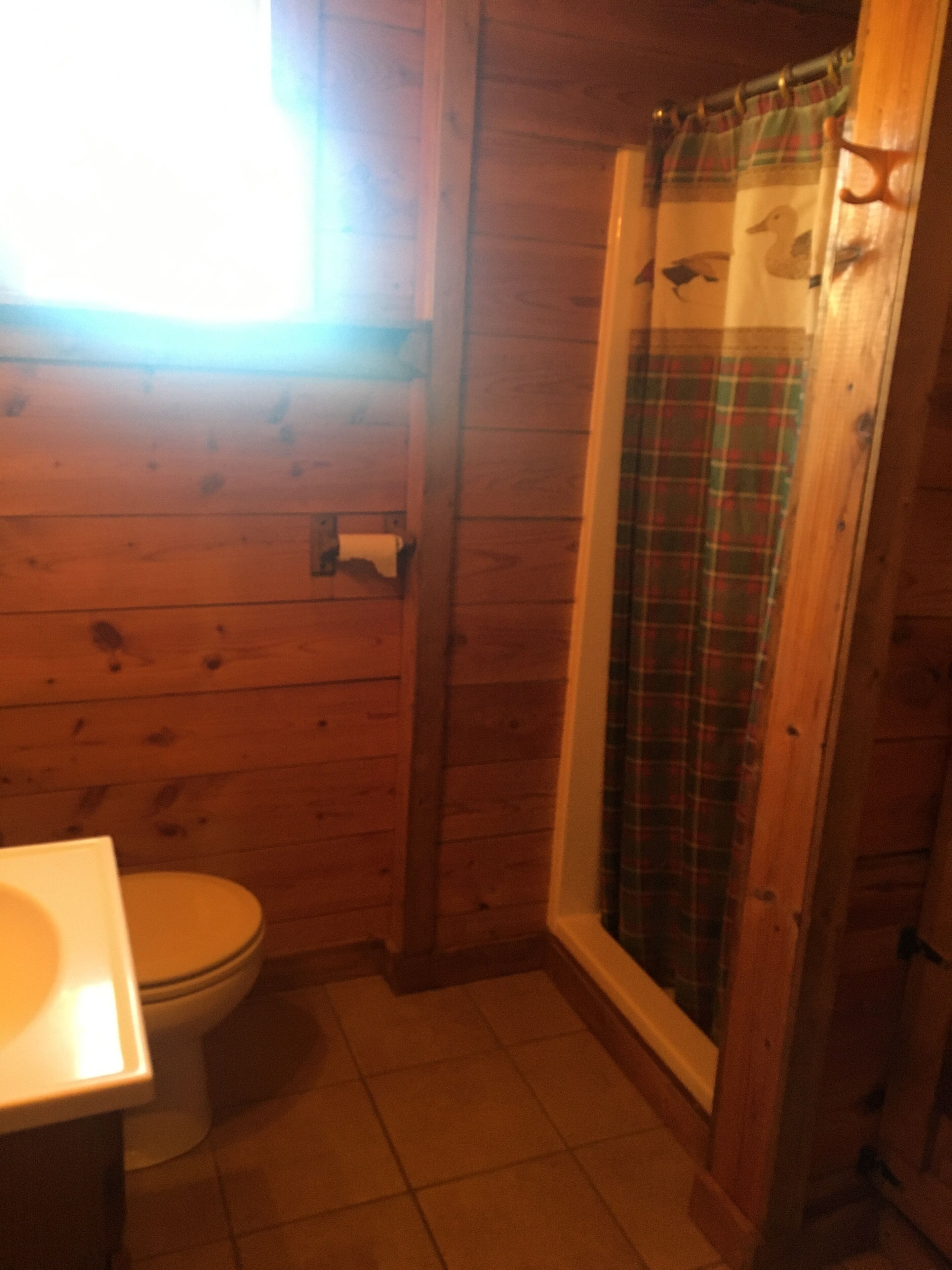 A wooden cabin bathroom with a toilet, sink, and shower.